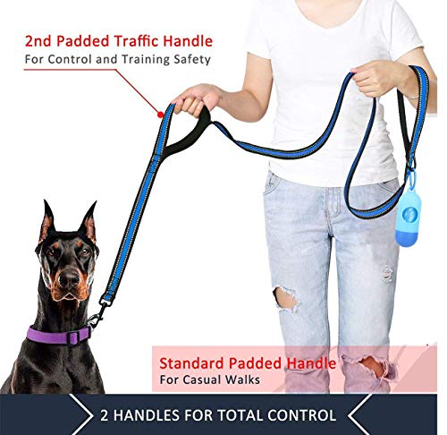 JSXD Heavy Duty Double Handle Dog Leash - 5 FT with Comfortable Padded and Reflective Rope, Suitable for Small, Medium, Large Dogs (Wide-Blue) - color: Wide-Blue