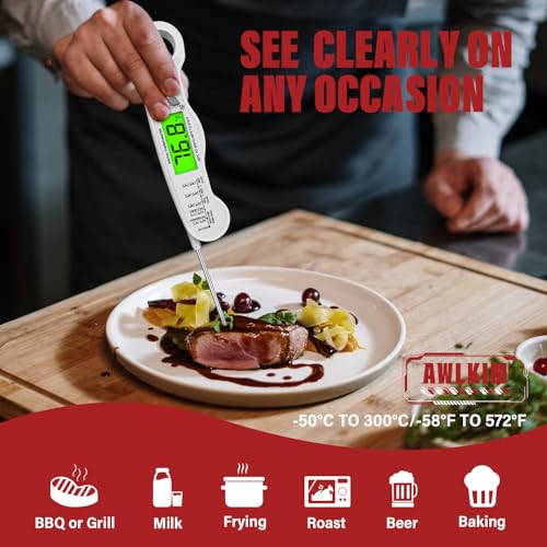 AWLKIM Meat Thermometer Digital, Instant Read Food Thermometer, White | Waterproof cooking thermometer with doneness chart, backlight, F/C switch for BBQ, candy, oil - color: White