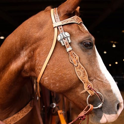 Circle Y Copper Sunflower Tooling Durable Versatile Western Horse Size Double Leather Ply Browband Headstall with Adjustable Strap | 35" - 43" Headstall Working Length