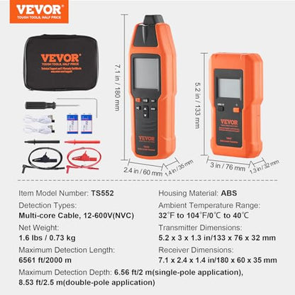 VEVOR Underground Cable Locator, 8 Ft Max Detect Depth Cable Tester, 12 to 600V (NVC) Wire Tracer Break Detector Finder, 6561Ft Detect Length for Electrical Circuits Pipelines Dog Fence Buried Cables