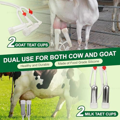 Upgrade 2-in-1 Goats and Cows Milking Machine, 1.85Gal/7L Food-Grade Stainless Steel Bucket with 5200mAh Built-in Rechargeable Battery, 4 Teat Cups, Cordless Pulsation Vaccum Electric Milking Machine - size: 7L