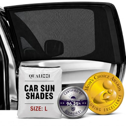 L/Car Window Shades for Baby, 8 Sizes/2-Pack. Stretch-to-Fit Up to H:18"× W:40" Side Rear Windows. Full-Coverage Mesh, Sun & Heat Block. Bug Screen for Car Camping. 96.25% UV Protection | Qualizzi® - size: L - Rectangular