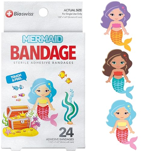 BioSwiss Bandages, Mermaid Shaped Self Adhesive Bandage Set, Latex Free, Sterile Wound Care, 24 Count - color: Mermaid, size: 24-Count Box
