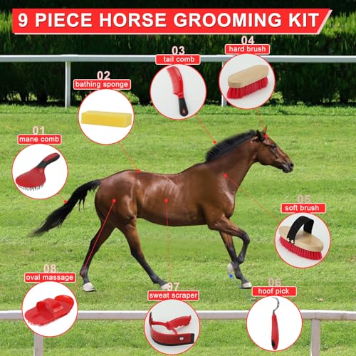 Horse Grooming Kit, 9-Piece Horse Brush Set with Tote Bag, Red - color: Red