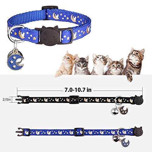 2Pcs Breakaway Cats Collars Cat Collars for Boy Cats Moons Adjustable Kitten Collars with Bell & Pendant Glow in The Dark,Black+Blue - color: Black+Blue, size: 7.0-10.7''