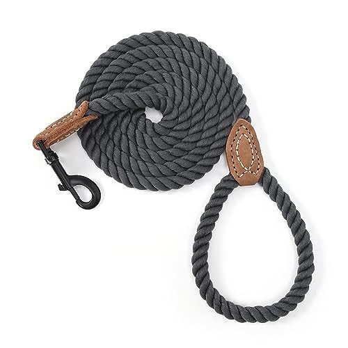 Mile High Life Dog Leash Braided Cotton Rope with Leather-Reinforced Ends - color: Dark Grey, size: 48 Inch-1/3"