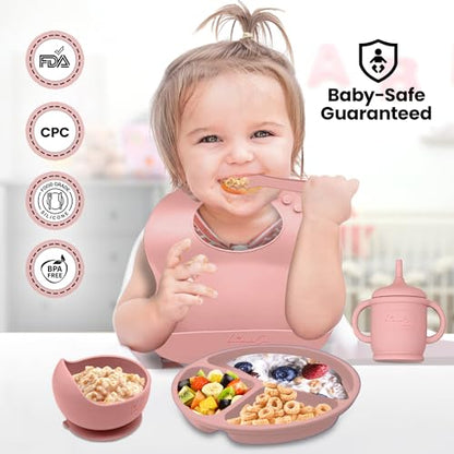 Silicone Baby Feeding Set, Suction Plates Bowls Bibs for Self Feeding –Pink | Baby Led Weaning Supplies, BPA-Free, Toddler Spoons Forks, Extra-Strong Suction, Empower Independence, Easy Clean - color: Pink