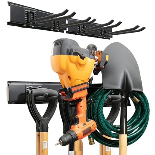 TIDYME Garage Tool Organizer Wall Mount, 32", 2 Racks 4 Hooks, 200 lbs | 200 lbs, anti-rust carbon steel, garden tool organizer & storage rack for garage organization, shovels, rakes & tools - size: 32" Carbon Steel with 2 Racks & 4 Hooks