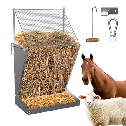 Wall Mount Hay Rack, 2 in-1 Goat Hay Feeder with Hook, 19 Gallons Heavy Duty Galvanized Wall Hay Rack, Livestock Feeder with Adjustable Distance, Easy to Install, Hay Feeder for Goats, Sheep, Horse - size: with top cover