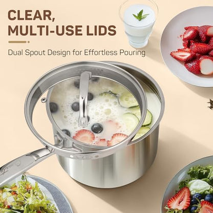 Ciwete 3 Qt Stainless Steel Saucepan with Glass Strainer Lid, 3 Quart Pot Stainless Steel Sauce Pan with Pour Spout, Mirror Polishing, Compatible with All Cooktops Dishwasher Safe Oven Safe - size: 3 Quart (With Glass Strainer Lid)