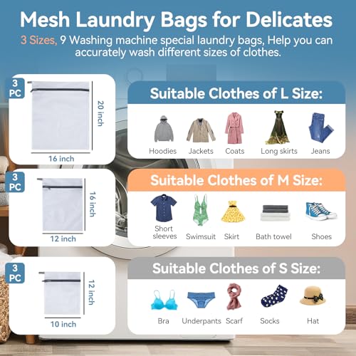 9Pcs Mesh Laundry Bags for Delicates, Laundry Bags Mesh Wash Bags,Lingerie Bags for Washing Delicates, Garment Bag for Washing Machine (3 Large,3 Medium,3 Small) - size: 3Large,3Medium,3Small(9Pcs)