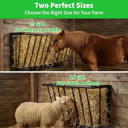 Wall Mount Hay Rack for Goats, Sheep, Horses – Heavy Duty 25 Gallon Livestock Hay Feeder, Hanging Blanket Holder with Rust Resistant Coating, Space Saving Farm Goat Feeder for Indoor, Outdoor Use - size: 25 Gallon