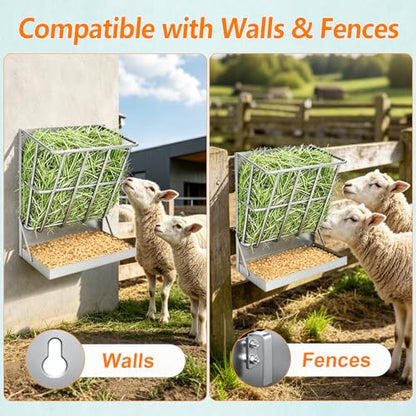 2 in 1 Wall Mount Hay and Grain Feeder, 25 Gallons Livestock Feeder - color: Silver