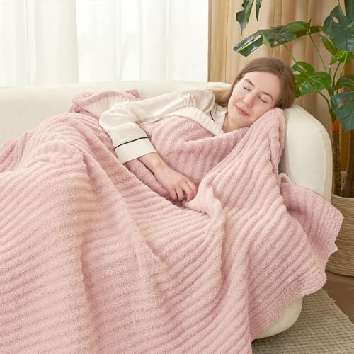 Snuggle Sac Fluffy Ribbed Pink Blanket Twin Size, Soft Luxurious Knit Throw, Fuzzy Plush Microfiber Blankets for Couch, Sofa, Bed, Pink, 60x80 inches - color: Pink, size: Twin(60"x 80")