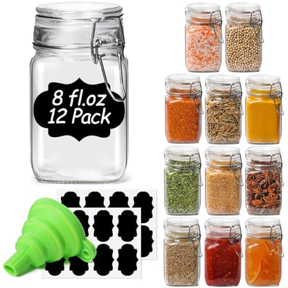 ComSaf Square Glass Spice Jars 8 oz 12 Pack with Labels and Funnel Set - size: 8oz*12