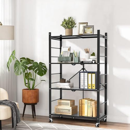 Himix 4-Tier Foldable Storage Shelf with Wheels 20 Hooks Black No Assembly - color: Black, size: 4-Tier