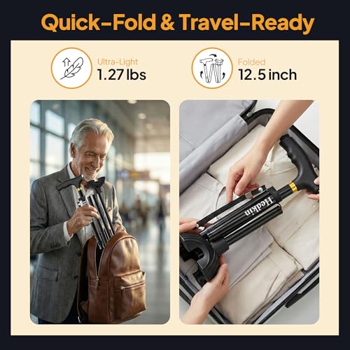 Walking Cane with LED Light, Foldable,Adjustable, Self Standing Walking Canes for Men & Women,Walking Sticks with Quad Base for Seniors & Adults - color: Black