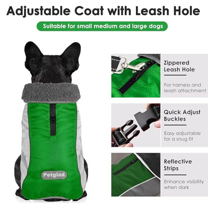 Petglad Dog Coat, Waterproof Ripstop Dog Winter Jacket with Leash Hole, Reflective Adjustable Warm Pet Fleece Snow Sweater for Small Medium Large Dogs - Green, XL - color: Green, size: XL
