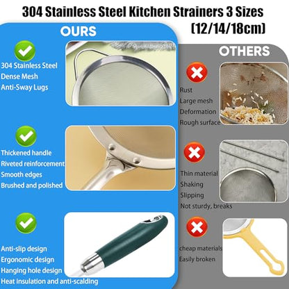 18/10 Stainless Steel 40 Mesh Strainer Set for Rice, Flour & Tea - color: Green