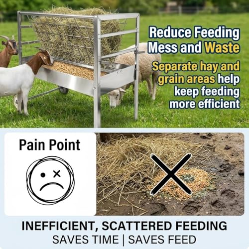Heavy Duty 2-in-1 Goat Feeder, Hay and Grain Livestock Feed Trough with Wheels, Mobile Feeding Station for Goats Sheep in Pasture or Barn