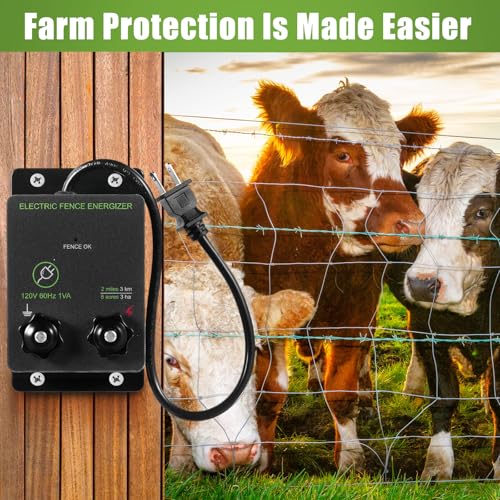 MorningRo 2-Mile 5000V 0.1Joule Electric Fence for Preventing Animals Intruding, 50 Black Fence Insulator and 1 Socket Tool, 250ft Aluminum Wire for Electric Fencing Grid System Accessories - size: 76M