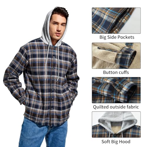 Men's Cotton Plaid Shirt Jacket Fleece Flannel Sherpa Button Down - color: Dark Blue, size: Small