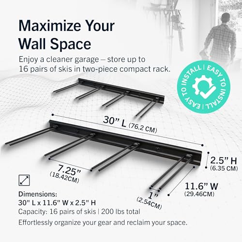 StoreYourBoard Ski Rack Wall Mount – Heavy-Duty Steel Ski Wall Mount Holds Up to 16 Pairs of Skis, Space-Saving Ski Rack for Garage, Home, or Cabin – Durable Wall Storage Organizer - Holds Up to 200lb - style: 16 Skis