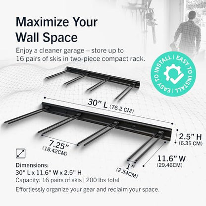StoreYourBoard Ski Rack Wall Mount – Heavy-Duty Steel Ski Wall Mount Holds Up to 16 Pairs of Skis, Space-Saving Ski Rack for Garage, Home, or Cabin – Durable Wall Storage Organizer - Holds Up to 200lb - style: 16 Skis