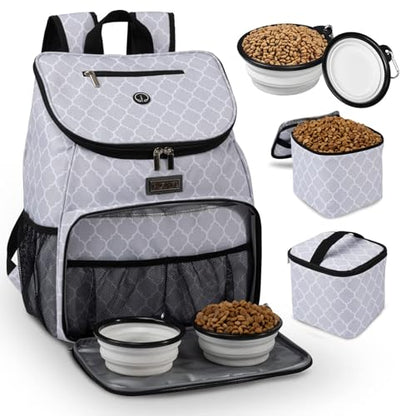 BAGLHER丨Dog Travel Bag, Airline Approved Pet Supplies Backpack, Dog Travel Backpack with 2 Silicone Collapsible Bowls and 2 Food Baskets - color: DLWhite-A