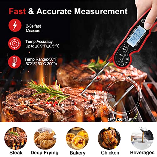 Meat Thermometer Digital for Grilling and Cooking - ANDAXIN Waterproof Ultra-Fast Instant Read Food thermometers with Backlight & Calibration for Kitchen, Deep Fry, BBQ, Grill(Red/Black), LCD - color: Red/Black