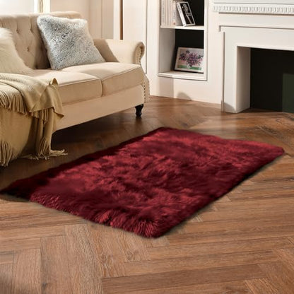 duduta Burgundy Faux Sheepskin Fur Rug 3x5 ft, Fluffy Carpet Rug - color: Burgundy, size: 3' x 5'
