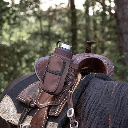 STARKENBURG COMPANY Horse Saddle Water Bottle Holder, Brown Water Holder, Multi Pocket Horse Saddle Drink Holder up to 40oz, Horse Gifts, Horse Stuff Horse Tack