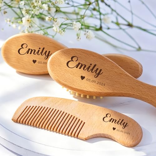 Personalized Baby Brush and Comb Set Custom Cradle Cap Brush Personalized Baby Gifts Baby Hair Brushes Set for Newborns Girls Boys Newborns Toddler Baby Grooming Kit (Design 1) - color: Design 1