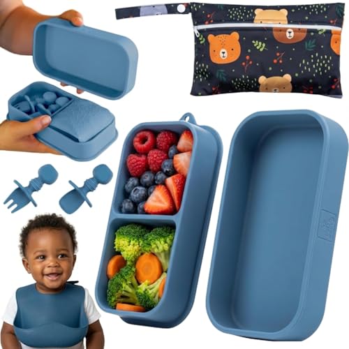 Baby Travel Feeding Set with Silicone Suction Plates, Dark Blue Small - color: Dark Blue
