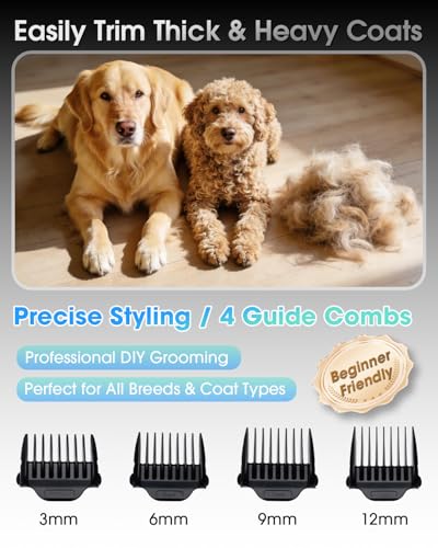 M&M STAR Dog Grooming Kit, Low Noise Dog Clippers, 2-Speed IPX7 Waterproof, Rechargeable Cordless Pet Hair Clippers Trimmer Shaver with LED Display for Dogs and Cats, Gold