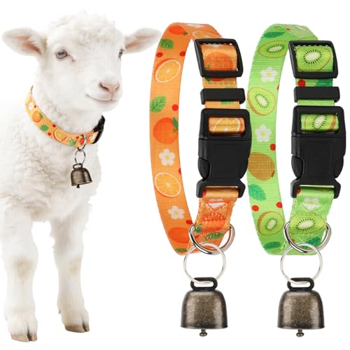 2 Pack Goat Collars with Bells, Kiwi Orange Adjustable Collar Set - color: Green Printing + Orange Printing