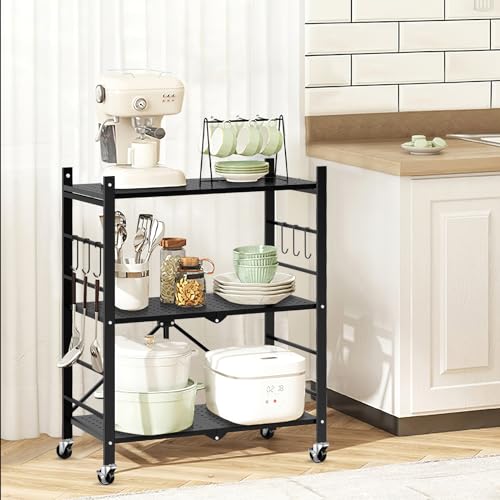 Himix 3 Tier Foldable Storage Shelf with Wheels 6 Hooks No Assembly Black - color: Black, size: 3-Tier