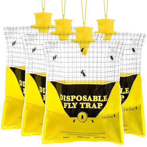 Outdoor Fly Traps for Patio - 4 Large Pre-Baited Flies Wasp Bags Disposable - size: 4 Pack