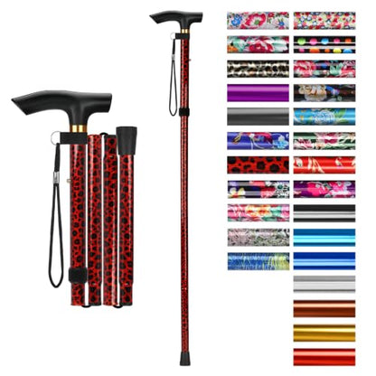 supregear Folding Cane, 5-Level Adjustable Height Walking Stick Lightweight Collapsible Portable Travel Cane with Wrist Strap and T Handle for Elderly Disabled Men Women - color: Leopard Red
