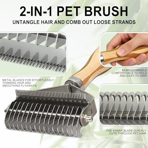 2-in-1 Pet Dematting&Deshedding Undercoat Rake with Bamboo Handle