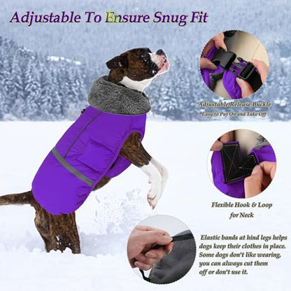 Dogcheer Warm Dog Coat, Christmas Dog Jacket Waterproof Puppy Winter Coat with Buckles, Reflective Adjustable Pet Snow Jacket Turtleneck Fleece Sweater for Small Medium Large Dogs - Purple, M - color: Purple, size: Medium