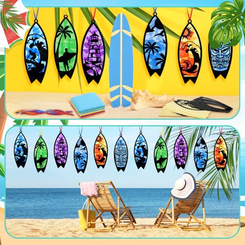 AmazingSpark 30 Pcs Surfboard Suncatcher Craft Kit, Summer Beach DIY Art | Stained Glass Effect Tissue Paper, 6 Ocean Designs, Includes Frames and Colorful Papers, Bulk for Party Activities - style: Beach Surfboard
