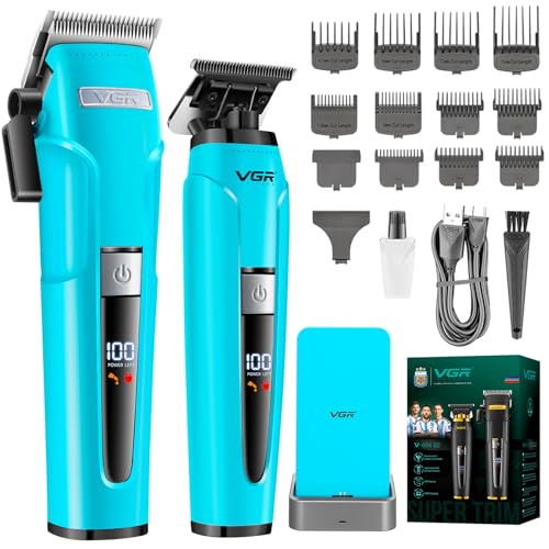 VGR 694S2 Cordless Barber Clipper Trimmer Set with Charging Base, Green | Ceramic and Stainless steel blades, LED Display, Rechargeable Hair Cutting Kit for Barbers & Home Use, 240/200min runtime - color: Green