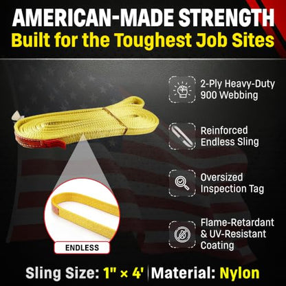 DD Sling 1" x 4' Nylon Endless Lifting Sling – USA Made | 6,400 lb Vertical, 5,100 lb Choker, 12,800 lb Basket – 2 Ply Heavy Duty 900 Webbing, Type 5 Endless Rigging Sling - size: 1"x4'
