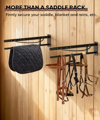Queension Wall Mounted Saddle Rack with Pad Bar for Horses Saddles, Black - style: Wall Mounted-Black