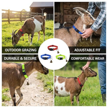 3 Set of Goat Harness in Red Green Blue Colors,Goat Collars with Bells,Adjustable Farm Collar for Grazing Management and Animal Tracking, Durable Livestock Accessories for Small Farms(18"-23")