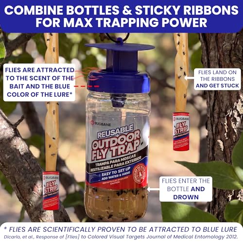 2 Fly Traps Outdoor Fly Trap for Patio with 4 Non-Toxic Dissolvable Bait Refills and 12 Sticky Ribbons. Reusable Hanging Bug Catcher Killer for All Filth Flies for Outside Bug Control Yard Ranch