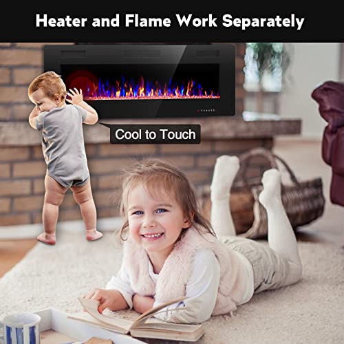 R.W.FLAME 68 inch Recessed and Wall Mounted Electric Fireplace, Ultra Thin and Low Noise,Fit for 2 x 6 Stud, Remote Control with Timer,Touch Screen,Adjustable Flame Color and Speed - size: 68"