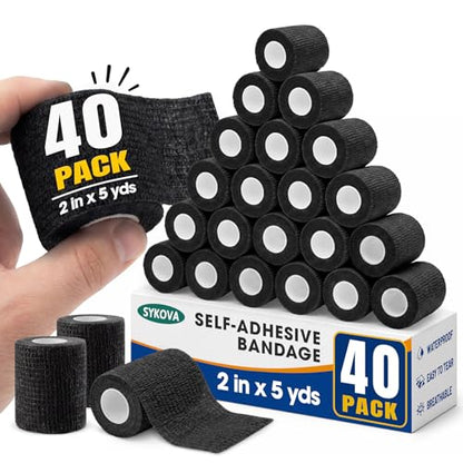 40 Pack 2 Inch Self Sticking Bandage Wrap, Self Adhesive Bandage | Black Athletic Tape, Stretchy Medical Wrap Tape, Breathable Cohesive Bandages Wraps for Finger, Wrist, Thumb, First Aid - color: Black, size: 2IN-40Pack