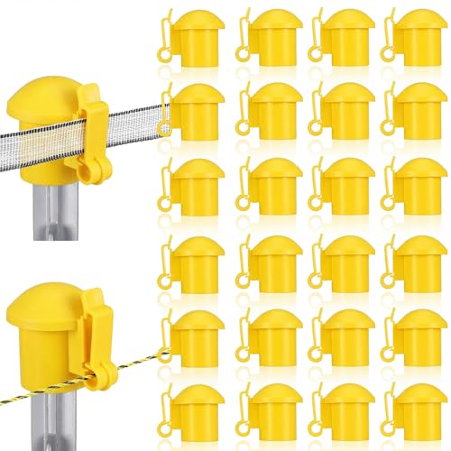 DoubleFill 24 Pcs Electric Fence Insulators and T Post Safety Cap, Yellow | T Post Safety Topper, Plastic Insulators for Wood Posts, Wire Holding Fencing, Garden Farm, Highway Sport Fence Supplies - color: Yellow